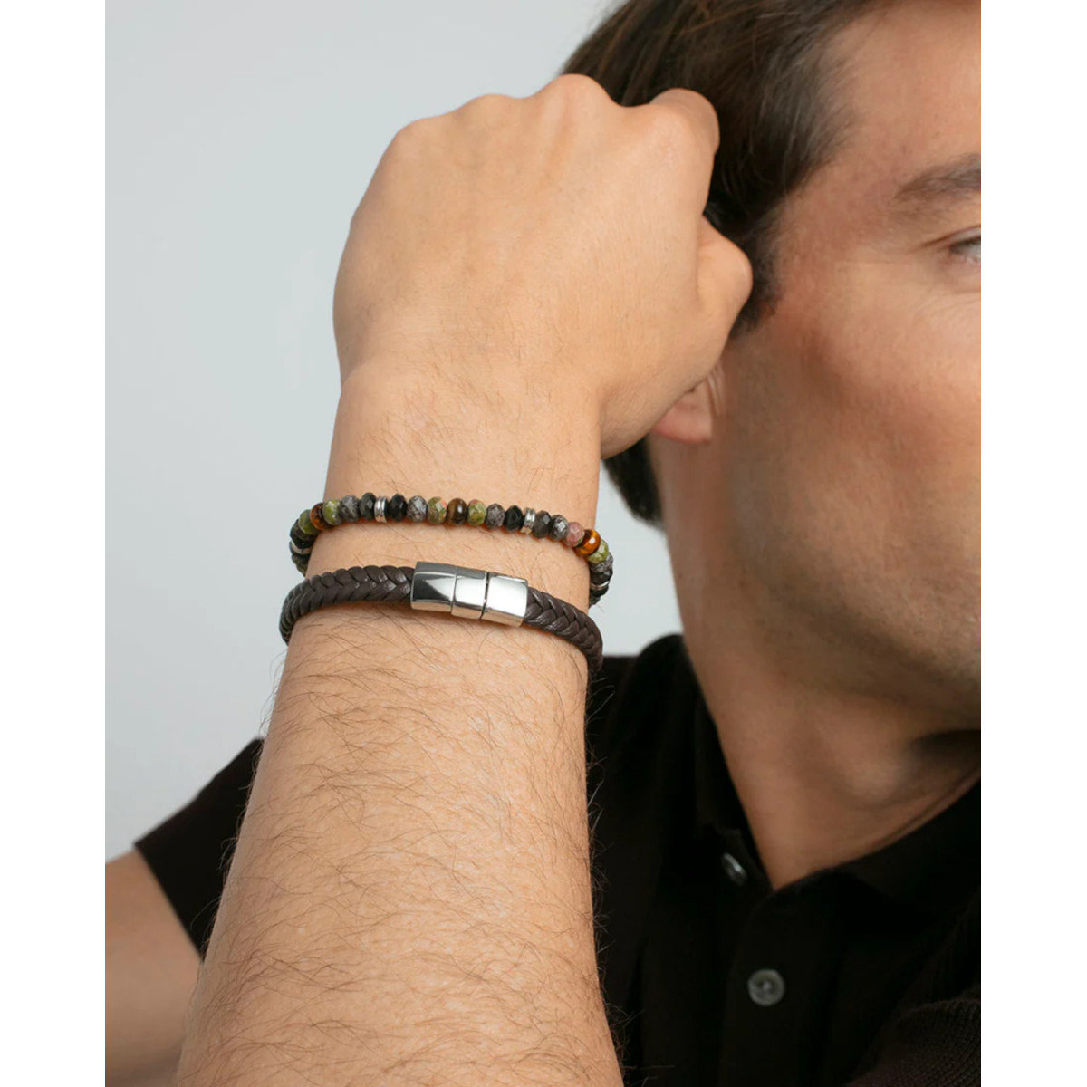 PULSERA  ACER Y PIEL TRENZADA MARRÓN - 14299P01011